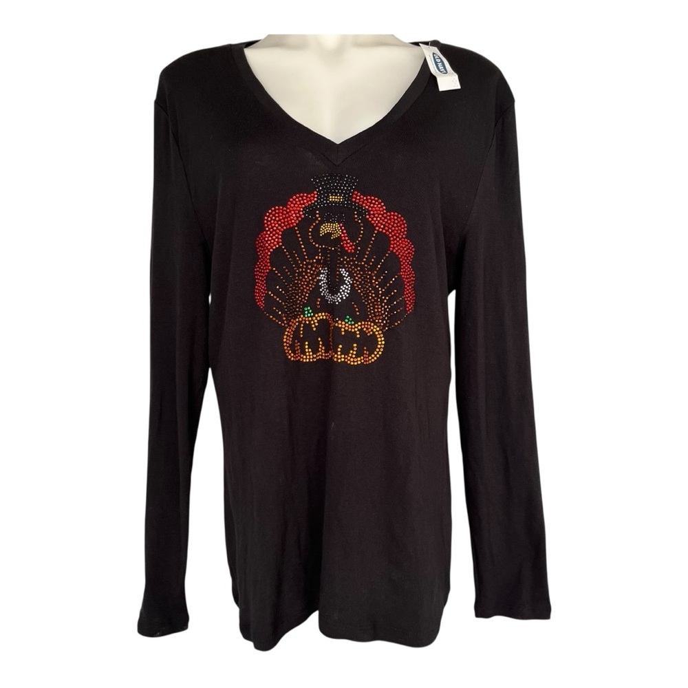 Old Navy Thanksgiving Sequined Turkey Long Sleeve V-neck Top size XXL  HOST PICK